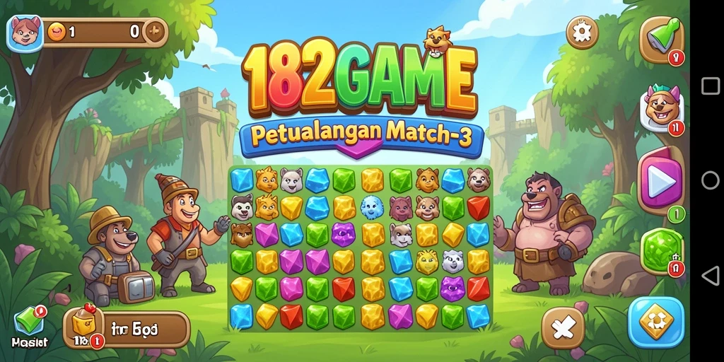 Tampilan screenshot utama 182GAME menampilkan gameplay seru dari Match-3.