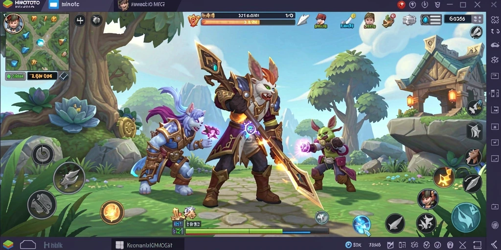 Screenshot gameplay HINOTOTO yang menunjukkan aksi seru dalam pertempuran MMORPG.