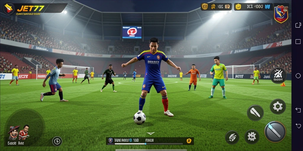 Tampilan gameplay JET77 yang mendebarkan dengan aksi sepak bola nyata.
