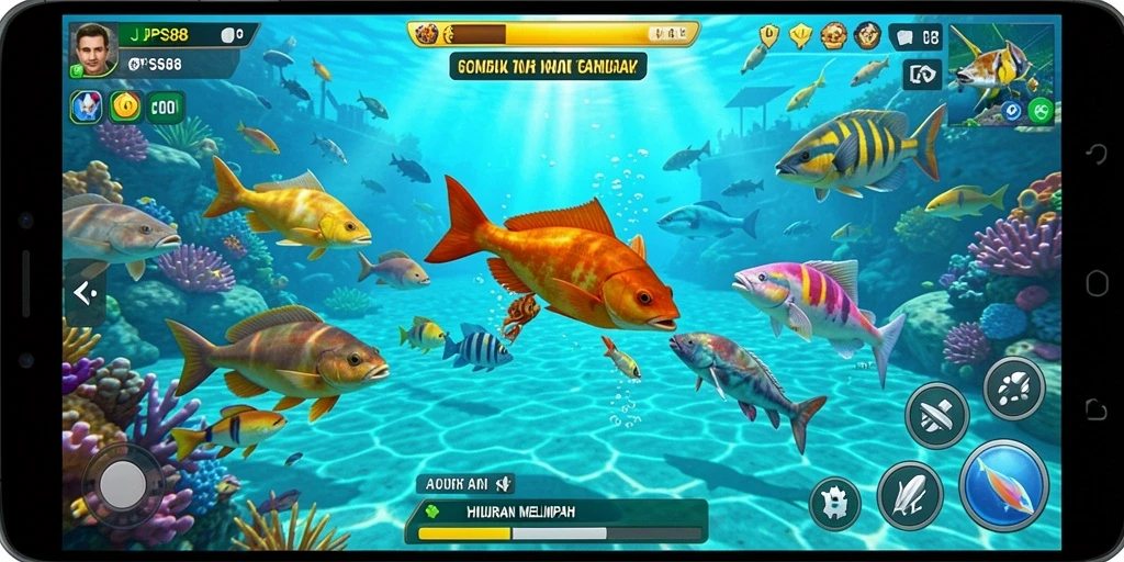 Tampilan utama gameplay JPS88 menampilkan aksi menembak ikan yang seru.