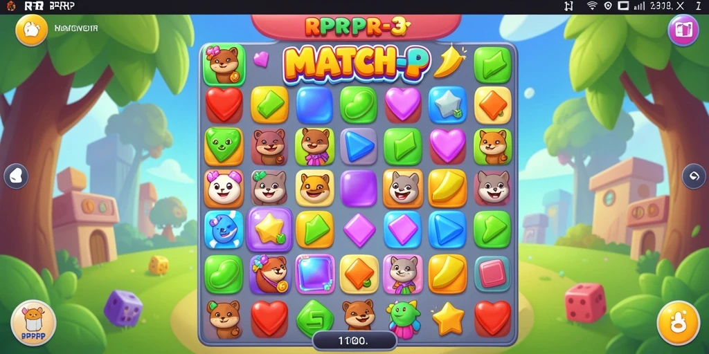Screenshot gameplay RPRPRP menampilkan berbagai item berwarna di papan Match-3.