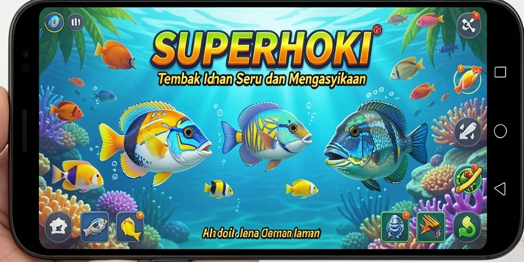 Screenshot gameplay SUPERHOKI menampilkan pertempuran seru menembak ikan.