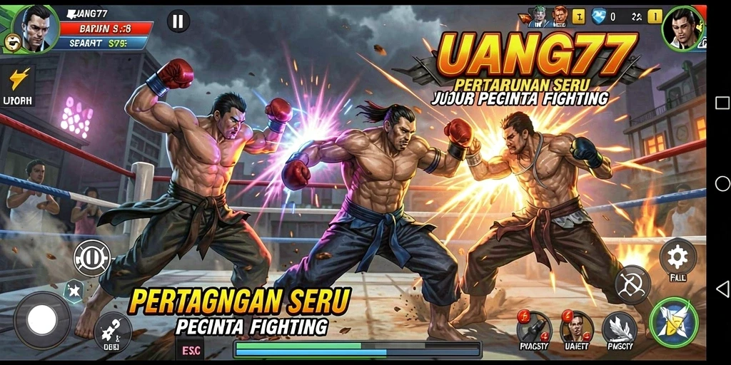 Tampilan gameplay <strong>UANG77</strong> dengan pertarungan yang mendebarkan dan karakter beragam.