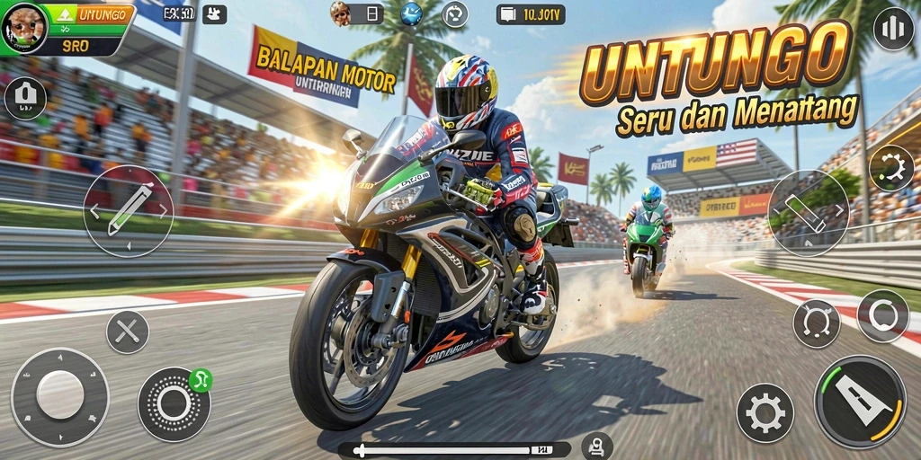 Screenshot gameplay UNTUNGGO menampilkan aksi balapan motor yang seru.