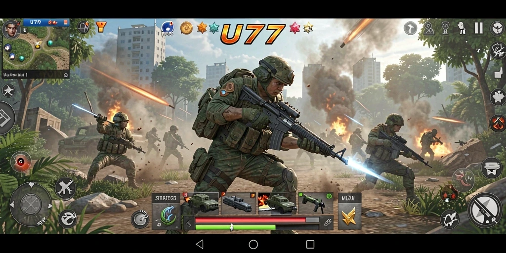 Screenshot UT77 yang menunjukkan pertempuran epik dalam gameplay SLG.