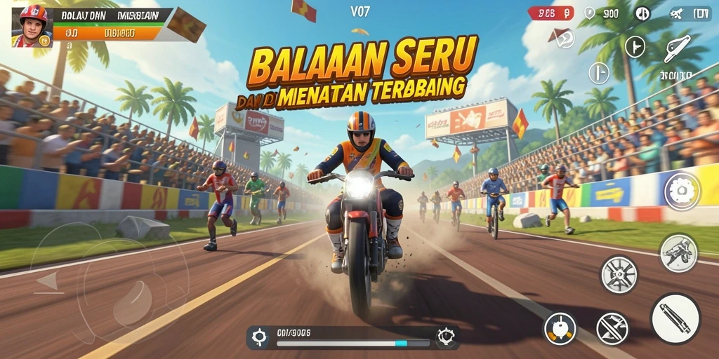 Tampilan gameplay V07 yang mendebarkan dengan mobil balap di lintasan.